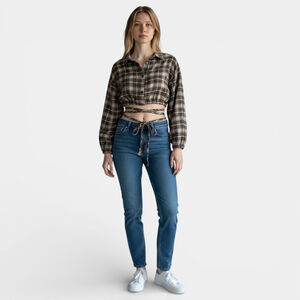 PrettyLittleThing Brown Flannel Plaid Crop Waist Tie Shirt Baggy Top Women Sz 8